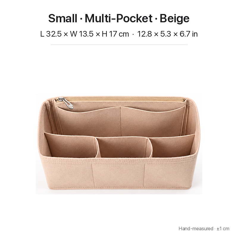 Beige felt bag organizer insert for Dior Book Tote Small, multi-pocket layout, top view showing pockets