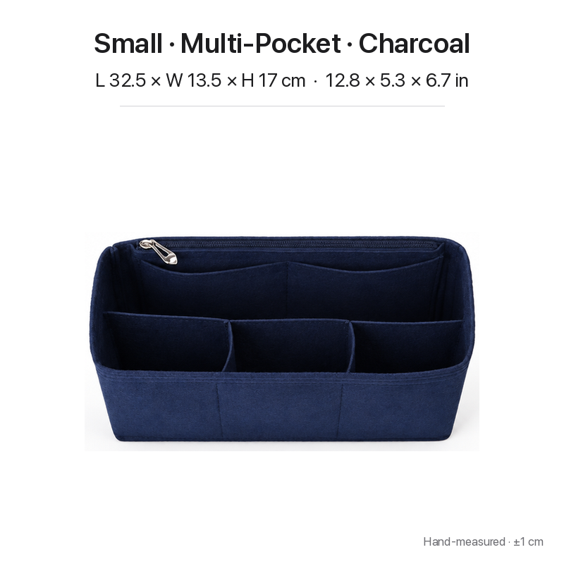 Navy felt bag organizer insert for Dior Book Tote Small, multi-pocket layout, top view (card labeled Charcoal)