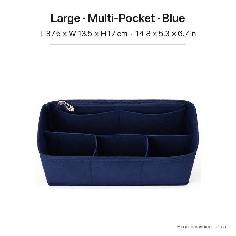 Blue felt bag organizer insert for Dior Book Tote Large, multi-pocket layout, top view showing pockets