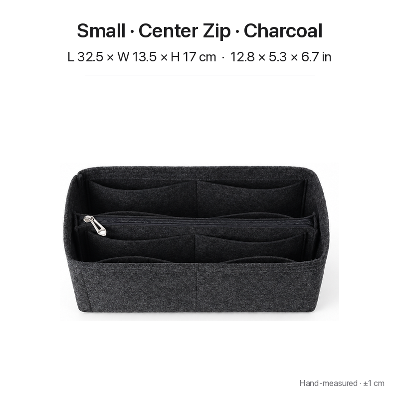 Charcoal felt bag organizer insert for Dior Book Tote Small, center zipper layout, top view showing pockets
