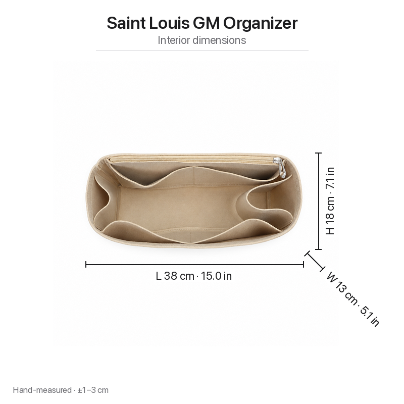 Interior dimensions chart for the Goyard Saint Louis GM felt organizer insert: 38 x 13 x 18 cm