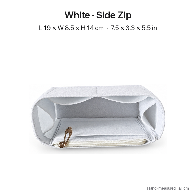White felt bag organizer insert for Goyard Saint Louis Mini, side zipper pocket, 19 x 8.5 x 14 cm
