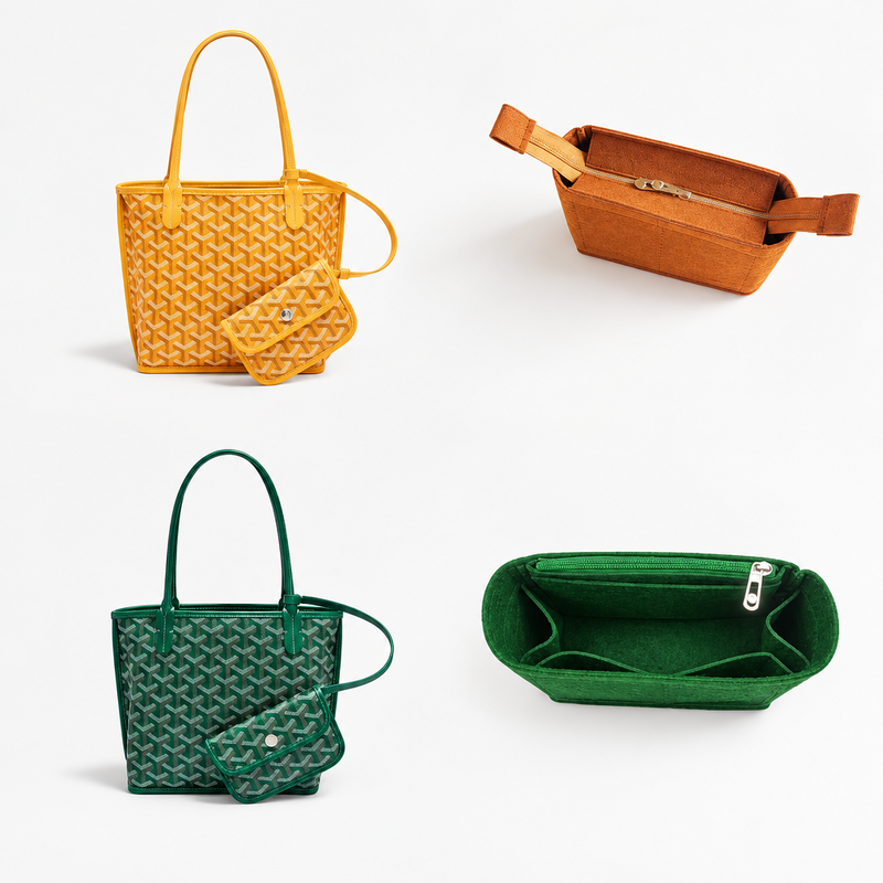 Coffee anti-theft and green side zipper felt inserts for Goyard Saint Louis Mini beside yellow and green totes