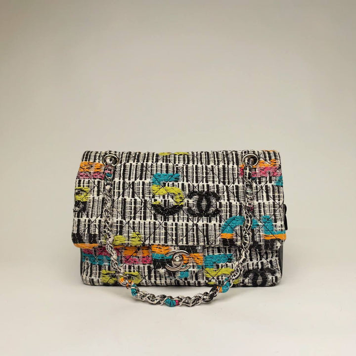 Chanel Easy Flap Bag in multicolor fantasy tweed with silver hardware, front view