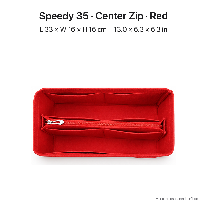 Red felt bag organizer insert for Louis Vuitton Speedy 35, center zipper layout, top view showing pockets