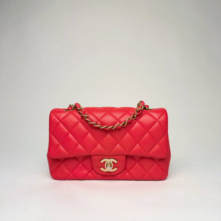 Chanel Mini Rectangular Flap Bag in red quilted leather with gold-tone CC turnlock, front view