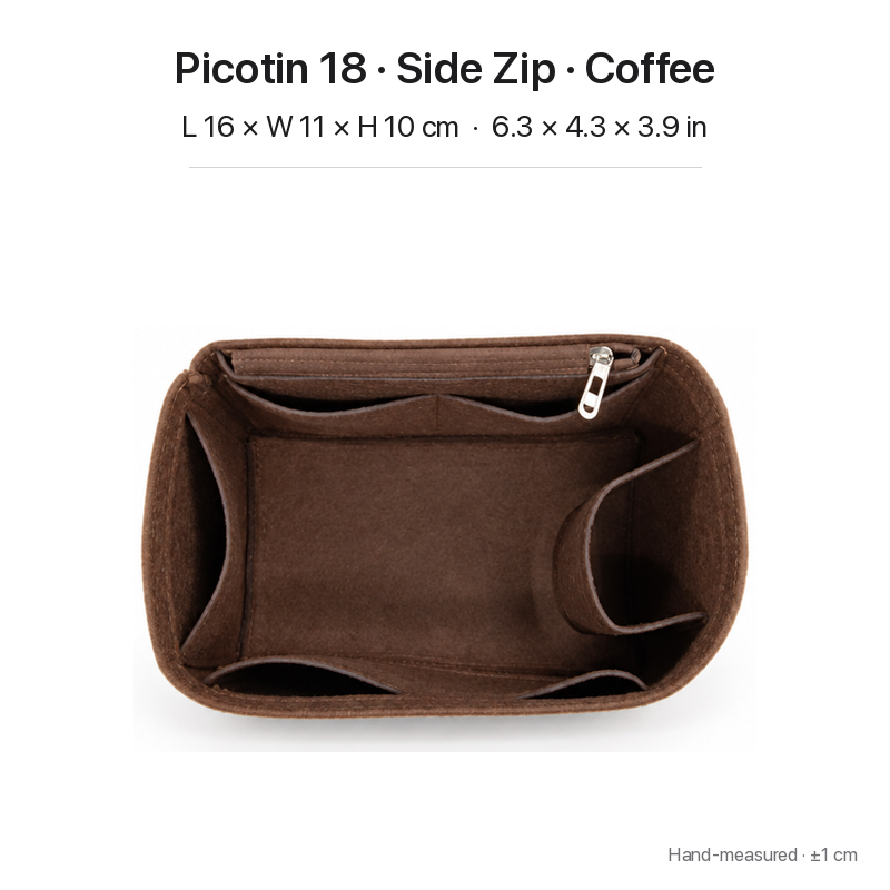 Coffee felt bag organizer insert for Hermès Picotin 18, side zipper layout, top view showing pockets
