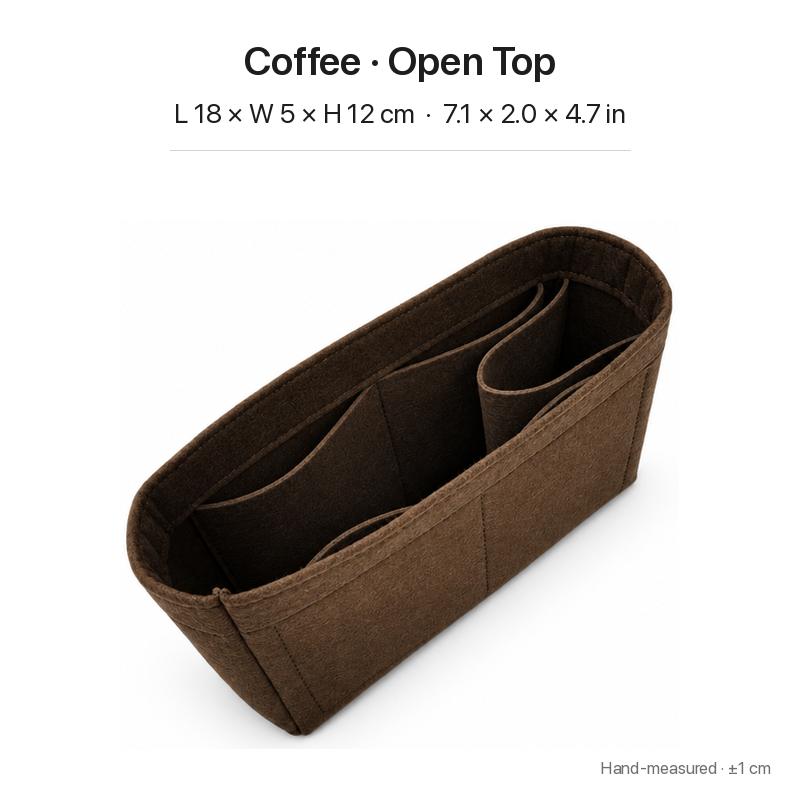 Coffee felt bag organizer insert for Louis Vuitton Locky BB, open top, angled view