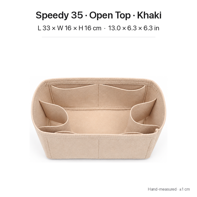 Khaki felt bag organizer insert for Louis Vuitton Speedy 35, open top, angled view