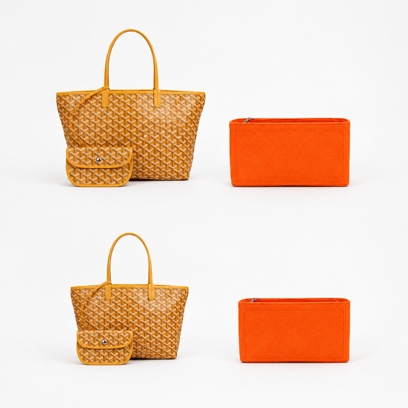 Orange felt organizer inserts with zipper beside Goyard Saint Louis totes in two sizes, front view