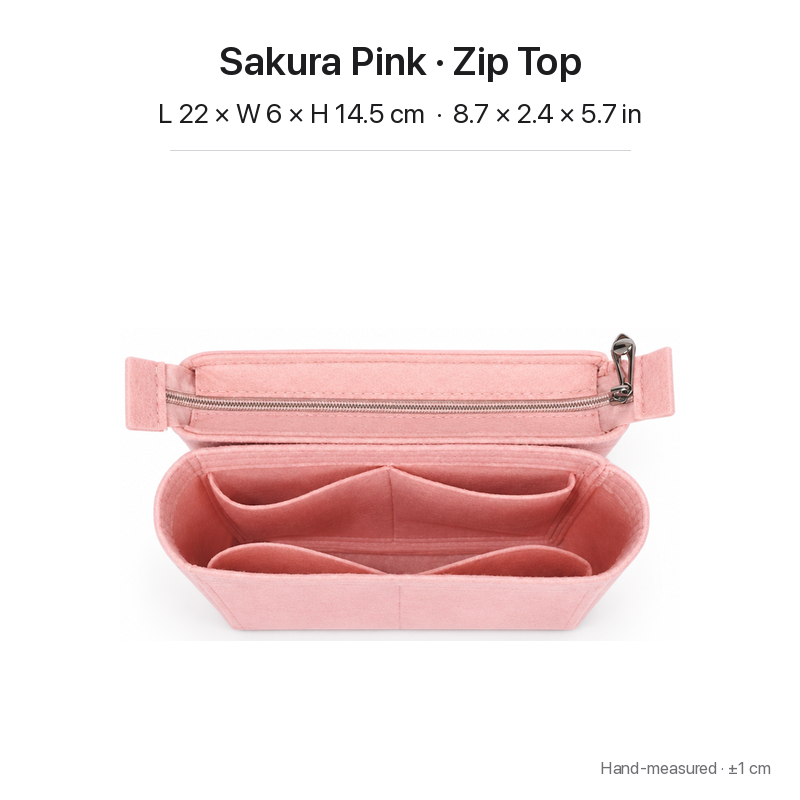 Sakura pink felt bag organizer insert for Louis Vuitton NeoNoe MM, zipper top, two-section top view