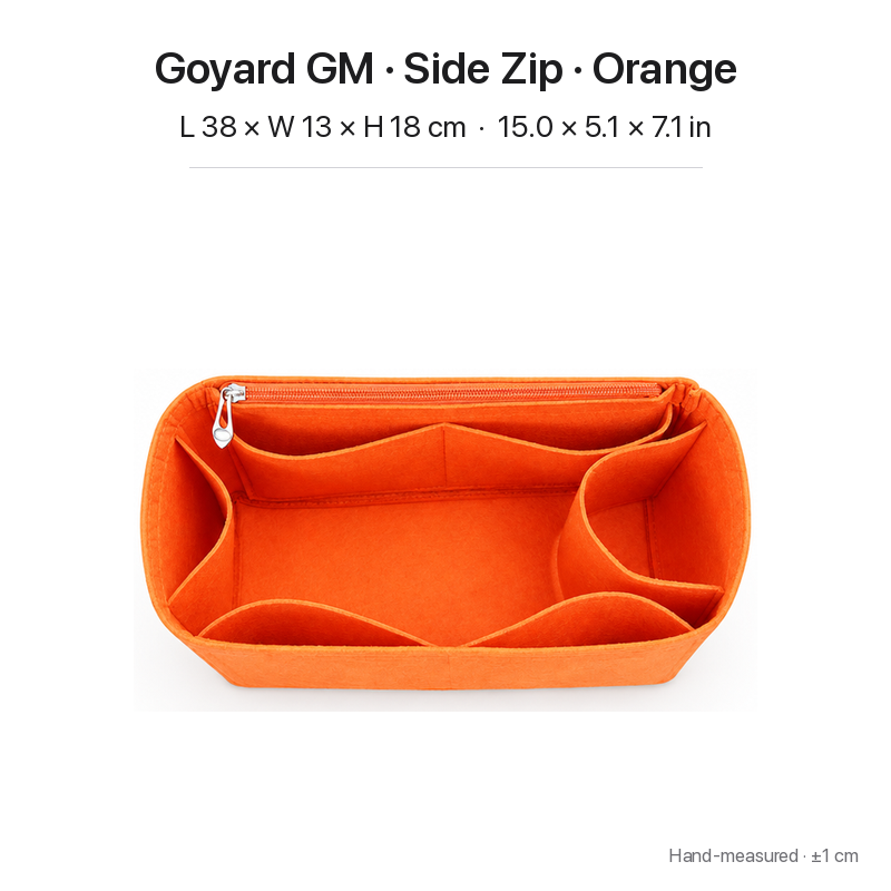 Orange felt bag organizer insert for Goyard Saint Louis GM, side zipper layout, top view showing pockets