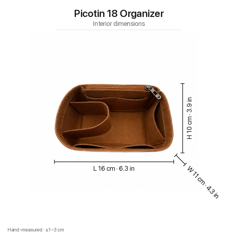 Brown Picotin 18 felt insert measurements: length 16 cm, width 11 cm, height 10 cm