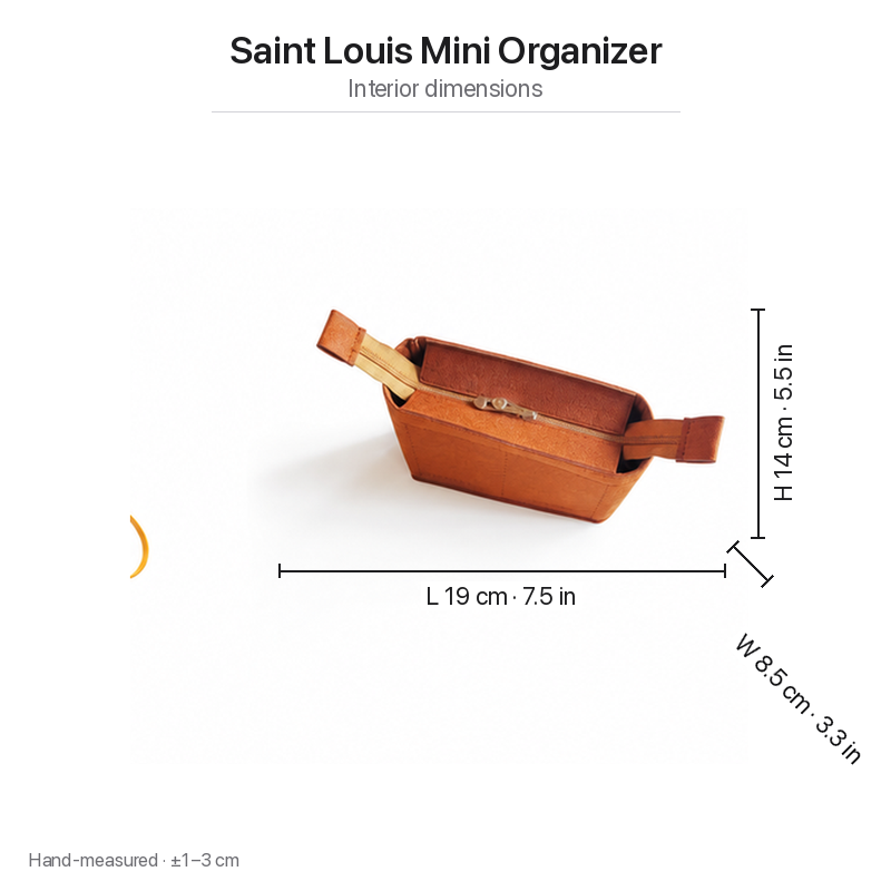 Size diagram for the felt organizer insert for Goyard Saint Louis Mini, L 19 x W 8.5 x H 14 cm (7.5 x 3.3 x 5.5 in)