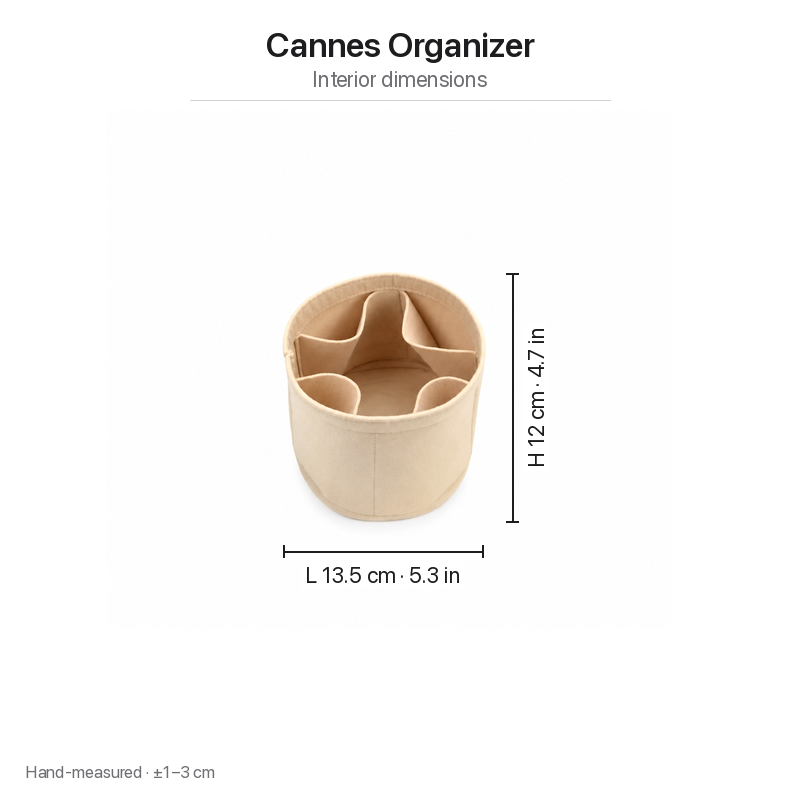 Beige felt Cannes organizer insert measured from the top and side: 13.5 cm across, 12 cm tall