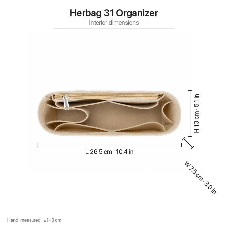 Beige Herbag 31 felt insert measurements: length 26.5 cm, width 7.5 cm, height 13 cm