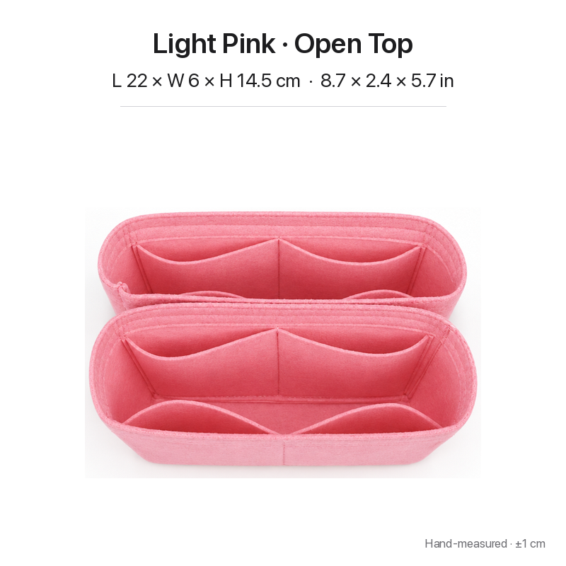 Light pink felt bag organizer insert for Louis Vuitton NeoNoe MM, open top, two-section top view