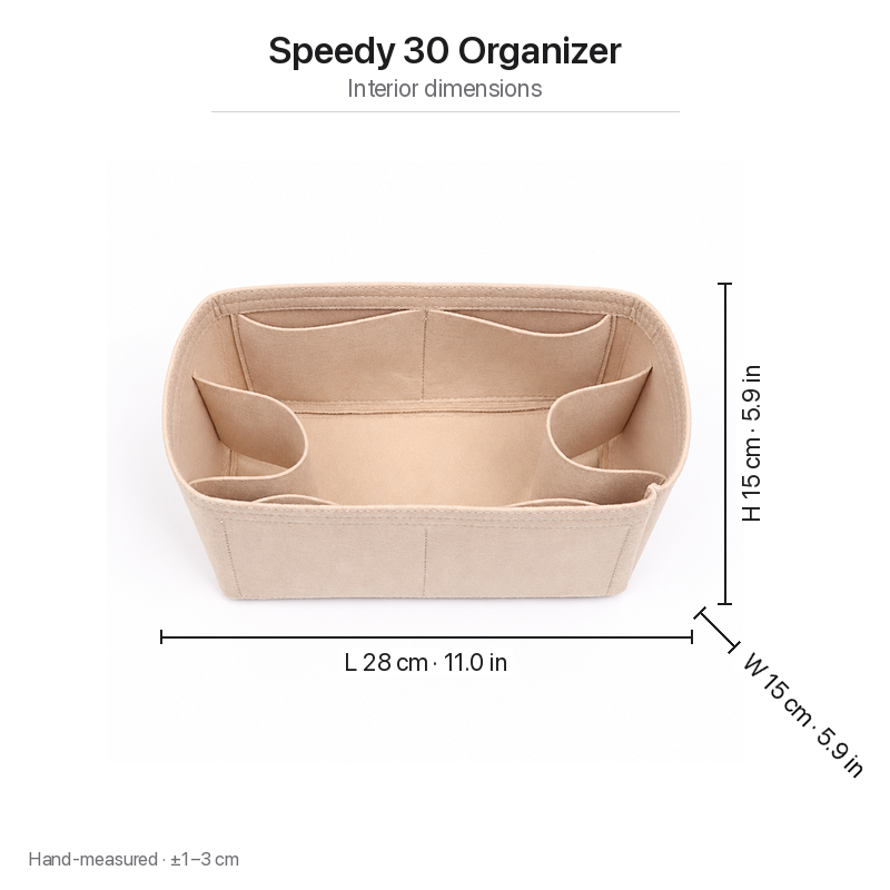 Interior dimensions chart for the Speedy 30 felt organizer insert, beige: 28 x 15 x 15 cm