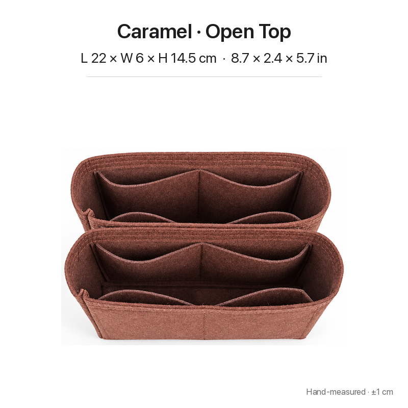Caramel felt bag organizer insert for Louis Vuitton NeoNoe MM, open top, two-section top view