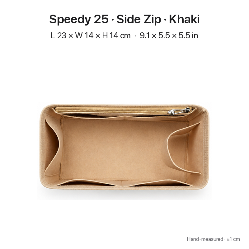 Khaki felt bag organizer insert for Louis Vuitton Speedy 25, side zipper layout, top view showing pockets