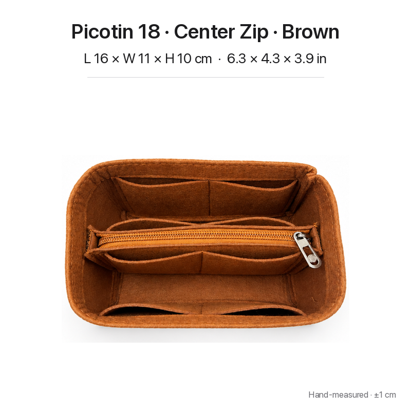 Brown felt bag organizer insert for Hermès Picotin 18, center zipper layout, top view showing pockets