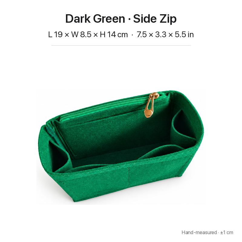 Dark green felt bag organizer insert for Goyard Saint Louis Mini, side zipper pocket, 19 x 8.5 x 14 cm