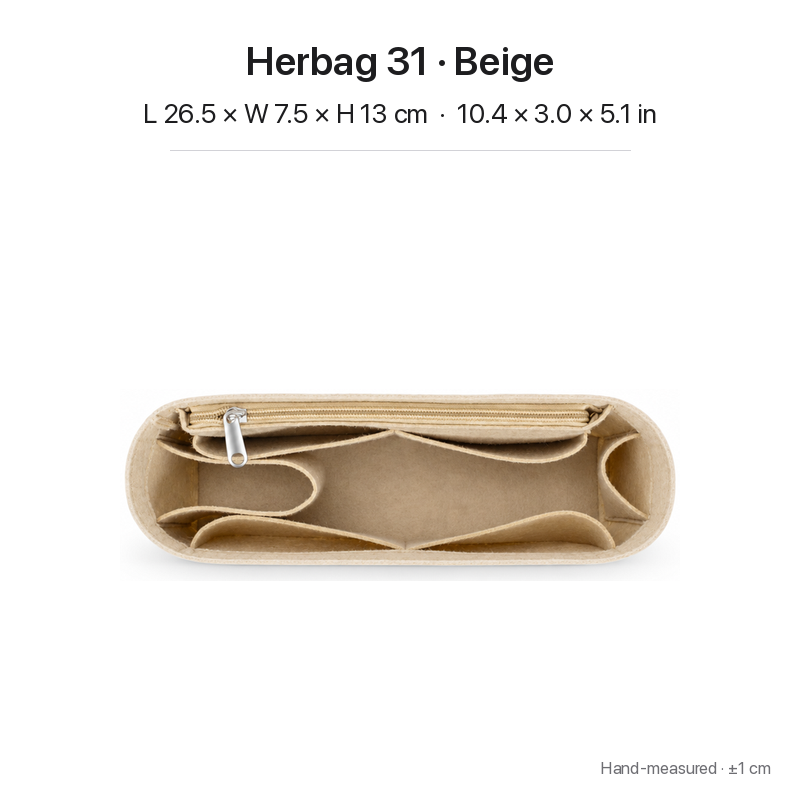 Beige felt bag organizer insert for Hermès Herbag 31, zipper pocket, top view showing pockets