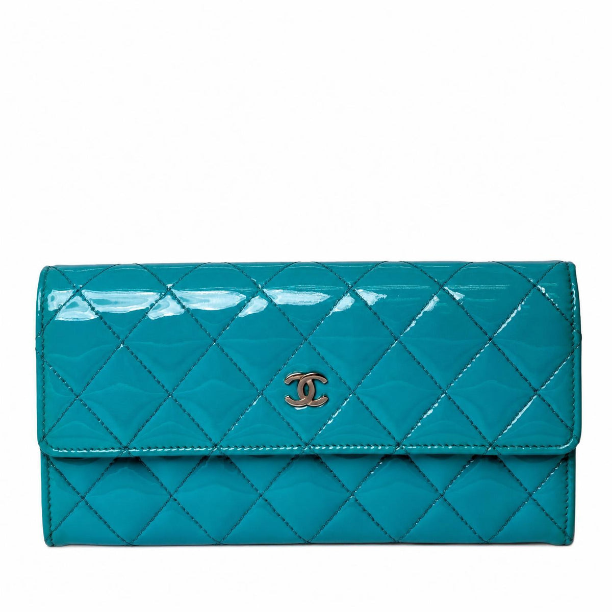 Chanel Classic Long Flap Wallet in turquoise quilted patent leather with a silver-tone CC logo, front view