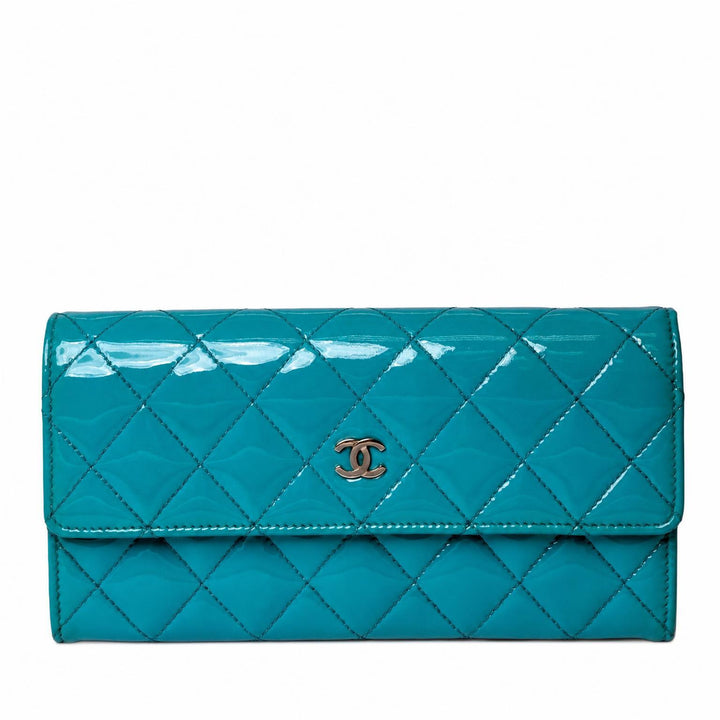 Chanel Classic Long Flap Wallet in turquoise quilted patent leather with a silver-tone CC logo, front view