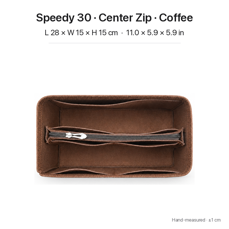 Coffee felt bag organizer insert for Louis Vuitton Speedy 30, center zipper layout, top view showing pockets
