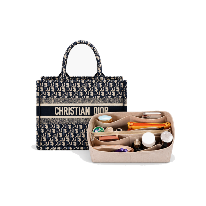 Beige felt bag organizer insert filled with essentials, shown beside a Dior Book Tote (bag not included)