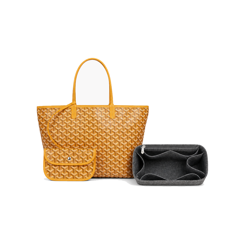 Gray felt bag organizer insert shown beside a Goyard Saint Louis tote with pouch (bag not included)