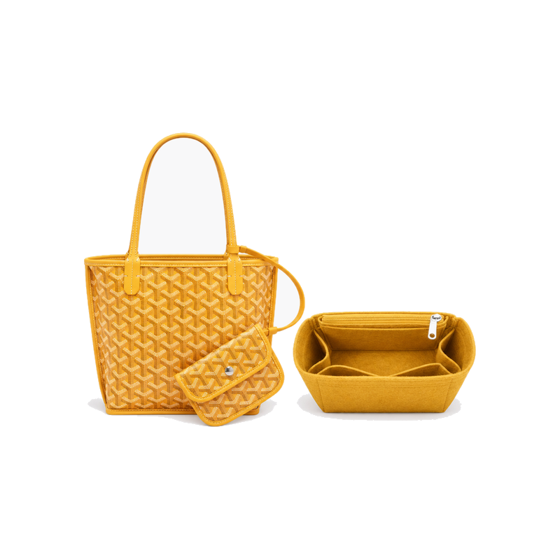 Yellow felt bag organizer insert for Goyard Saint Louis Mini beside a yellow Saint Louis Mini tote (bag not included)
