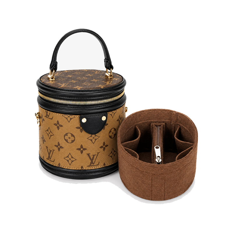 Coffee felt bag organizer insert with center zipper shown beside a Louis Vuitton Cannes (bag not included)