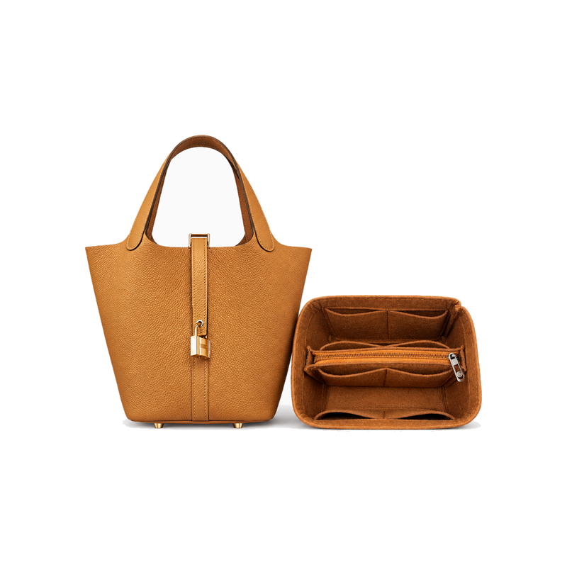Brown felt bag organizer insert with center zipper shown beside a Hermès Picotin (bag not included)