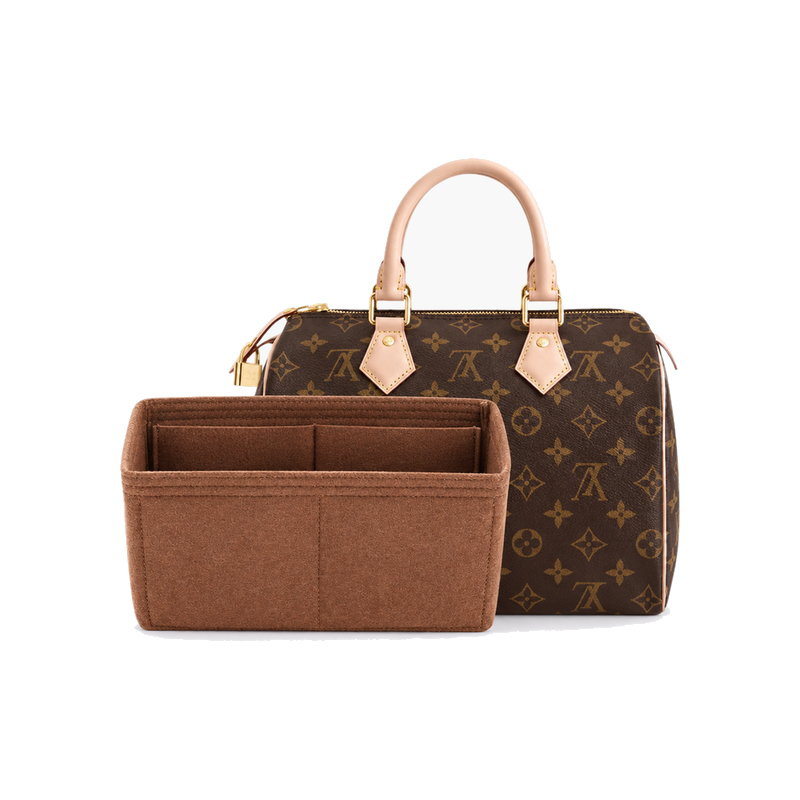Coffee felt bag organizer insert with open top shown beside a Louis Vuitton Speedy (bag not included)
