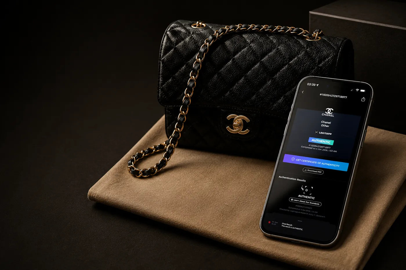 Chanel caviar flap bag beside a phone showing the Legit App AUTHENTIC verdict